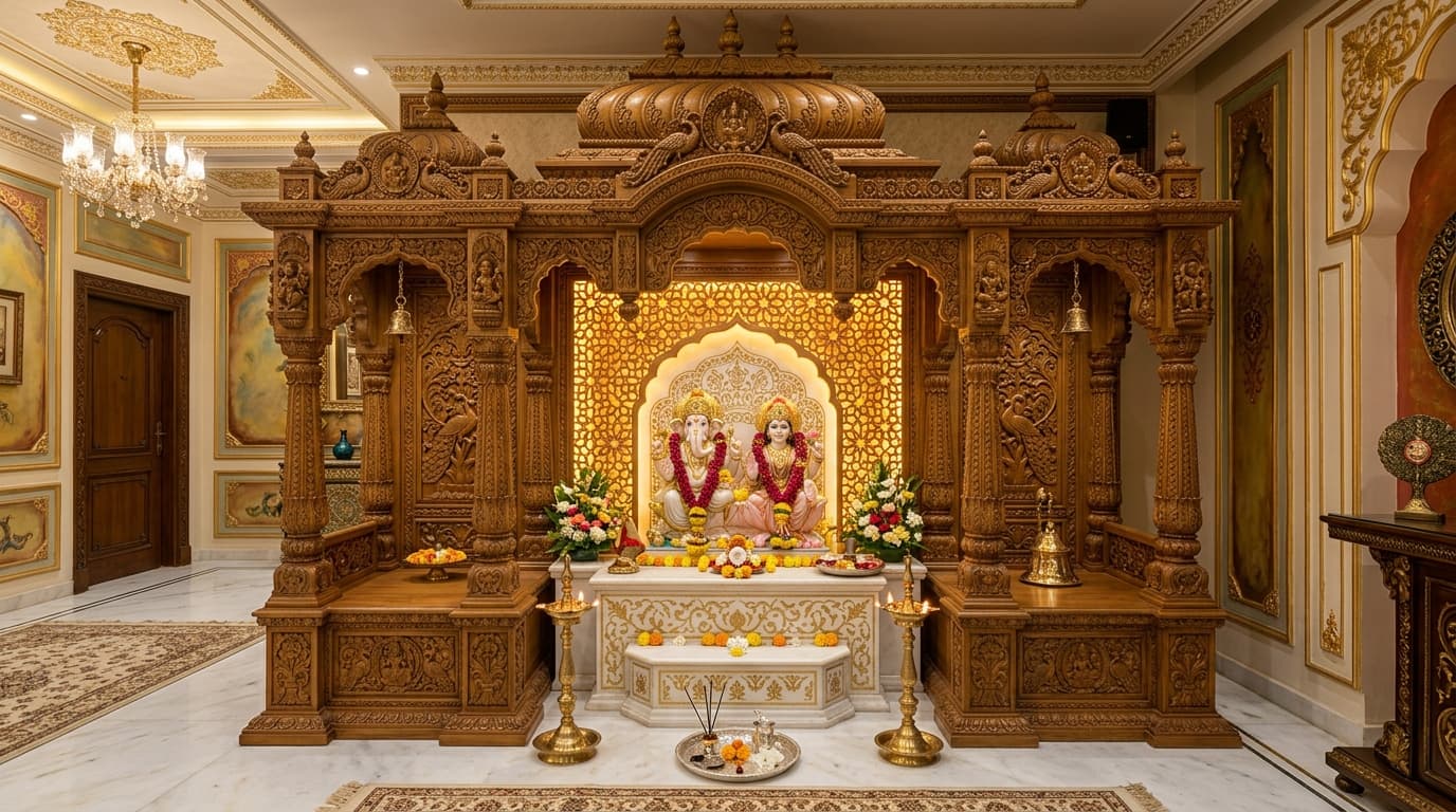 Sanctum of Serenity – Hand-Carved Teakwood & Makrana Marble Mandir